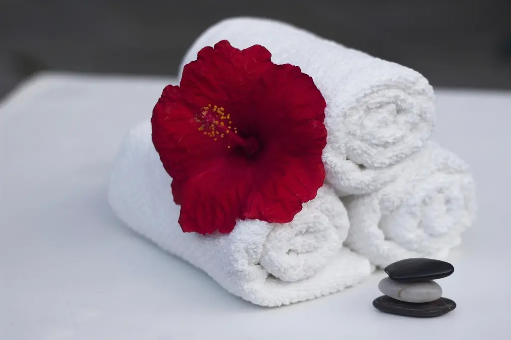Toallas blancas enrolladas con una flor roja y piedras