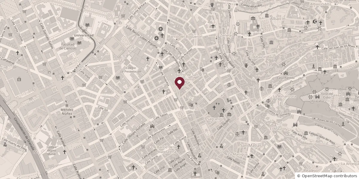 Mapa del centro de Granada con la floristería marcada en el barrio de San Jerónimo, entre la calle San Jerónimo y la Catedral.