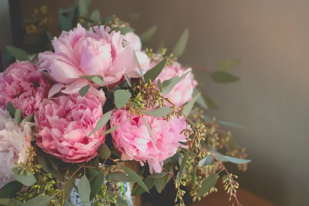 Ramo de peonías rosas con ramitas de eucalipto, junto a una ventana.