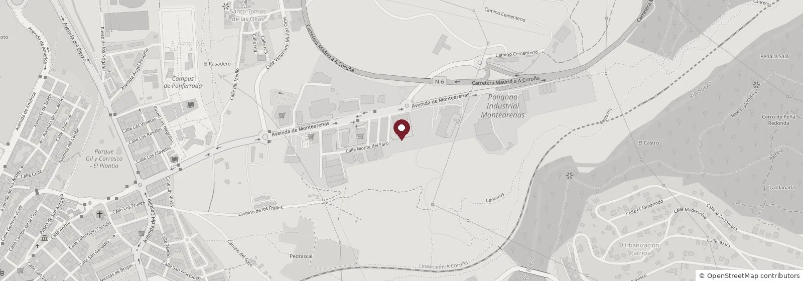 Mapa del polígono de Montearenas, en Ponferrada, entre la avenida de Montearenas y la N-6, con el taller marcado en el centro