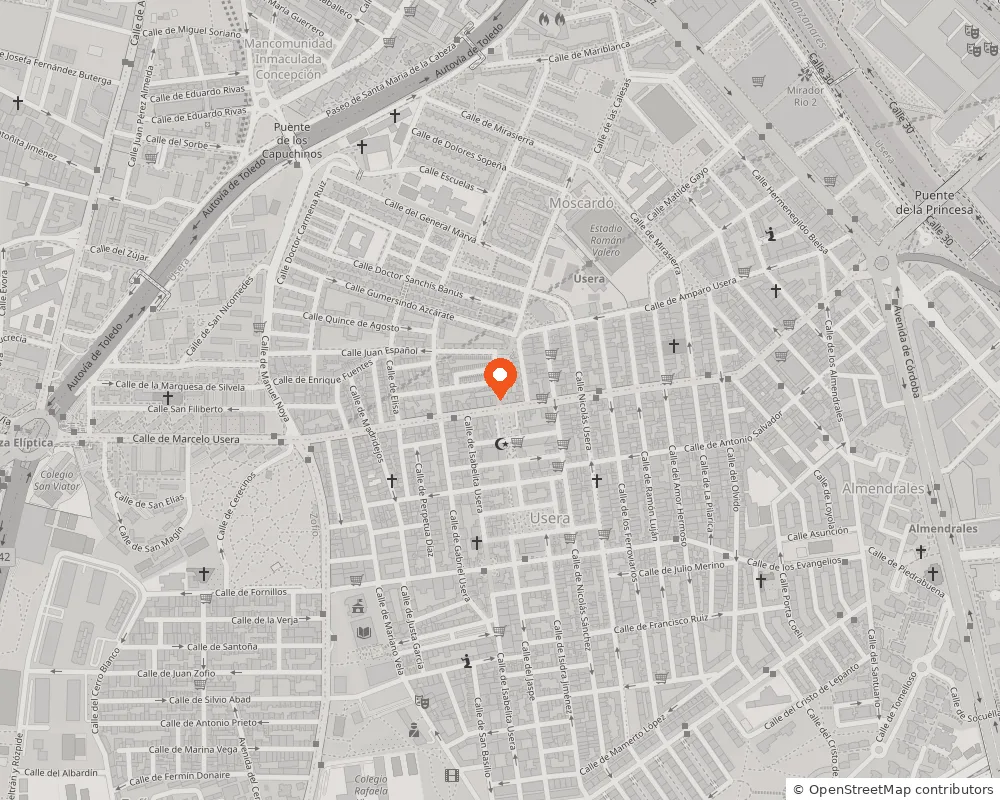Mapa del barrio de Usera, en Madrid, con el gimnasio marcado cerca de la parada de metro de Usera