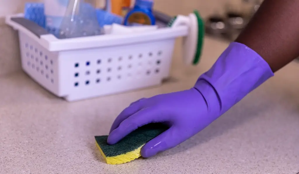 Mano con guante morado pasando el estropajo por una encimera clara, con la cesta de productos detrás