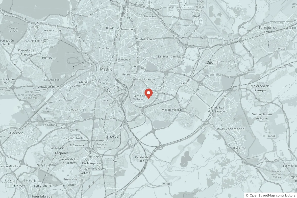 Mapa del sur y el este de Madrid con la oficina en Puente de Vallecas, y Moratalaz, Vicálvaro, Villa de Vallecas, Rivas y Coslada alrededor