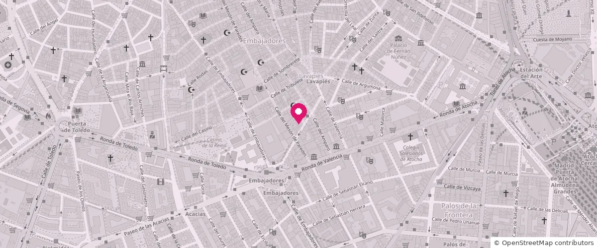 Mapa del barrio de Embajadores, en Madrid, con el estudio marcado entre las paradas de metro de Lavapiés y Embajadores