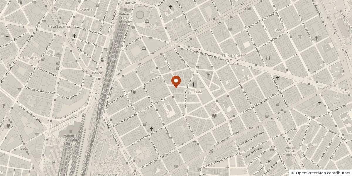 Mapa del barrio de Russafa con la ubicación de Carrer de les Tomaqueres, 14
