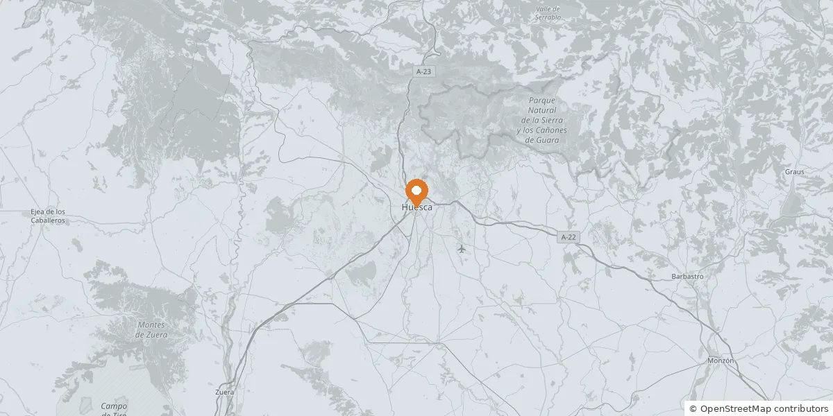 Mapa de la zona de trabajo, con el taller en Huesca y Barbastro, Monzón y Graus al este