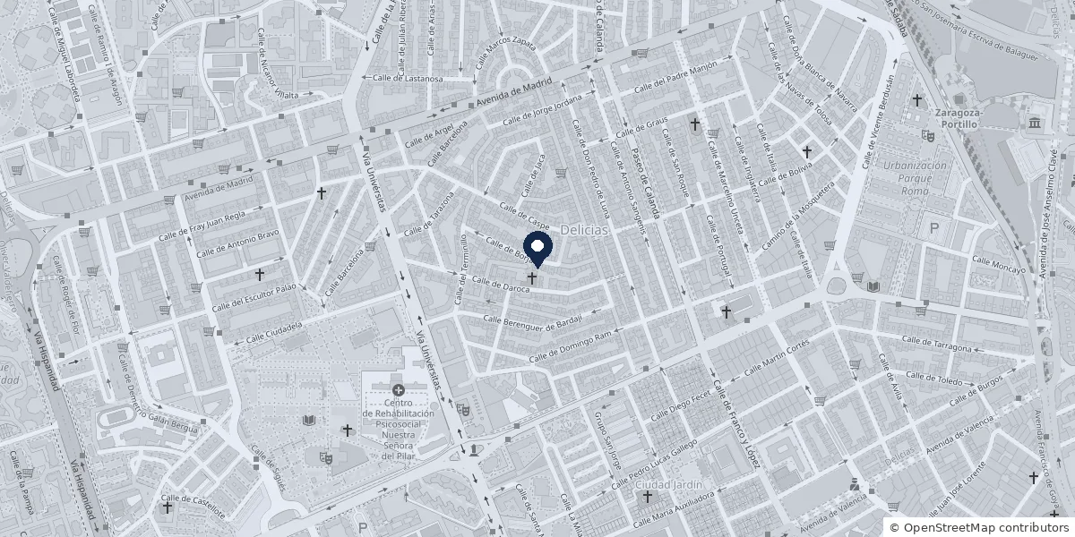 Mapa del barrio de Delicias, en Zaragoza, con la clínica marcada entre la calle Borja y la calle Daroca, cerca del paseo de Calanda.