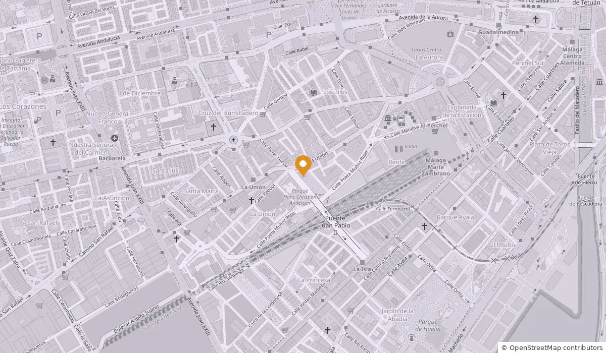 Mapa del barrio de La Unión, en Málaga, con la consulta marcada junto al parque Hans Christian Andersen y a cinco minutos de la estación María Zambrano.