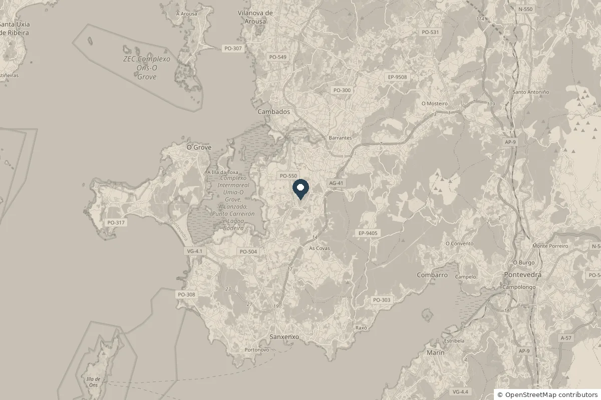 Mapa de la comarca de O Salnés, de Vilanova de Arousa a Sanxenxo, con el taller marcado en Dena, Meaño
