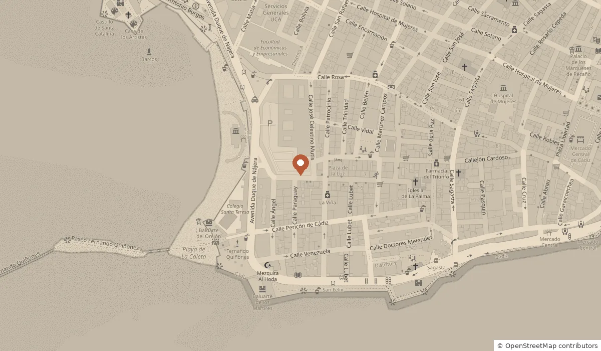 Mapa del barrio de La Viña, en Cádiz, con el estudio marcado a dos calles de la playa de La Caleta.