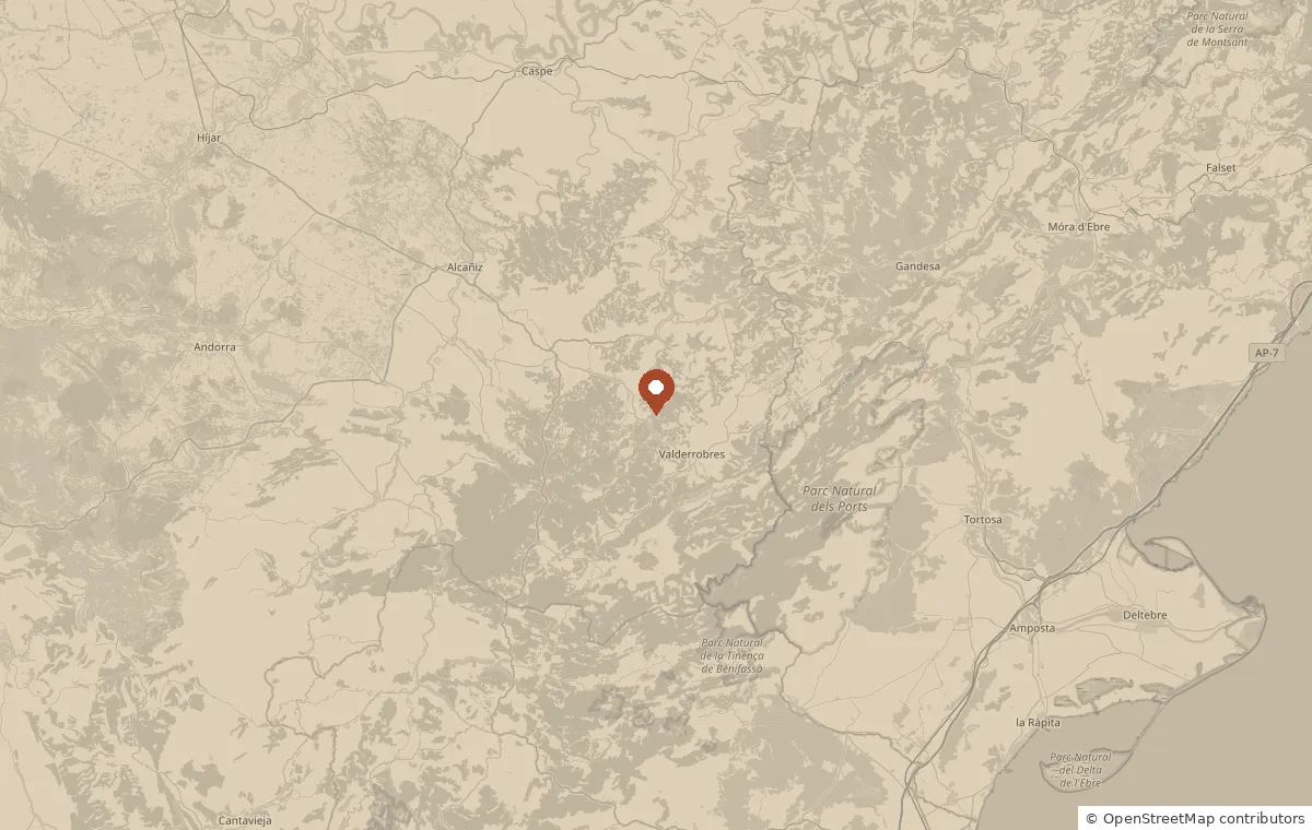 Mapa de la comarca del Matarraña, entre Alcañiz, Caspe y el parque natural dels Ports, con la consulta marcada.