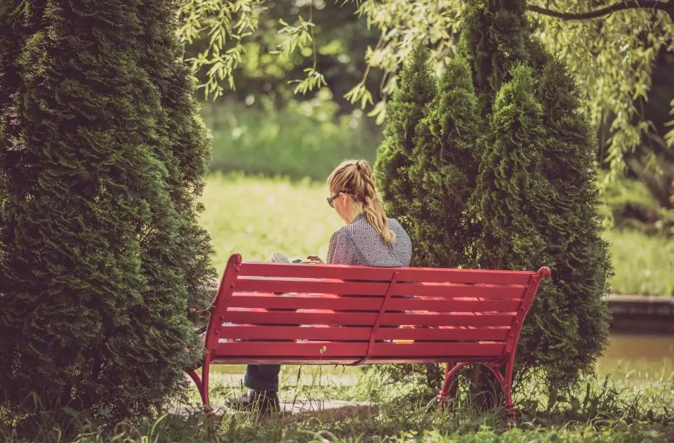 Una mujer leyendo de espaldas en un banco rojo de un parque, entre árboles.