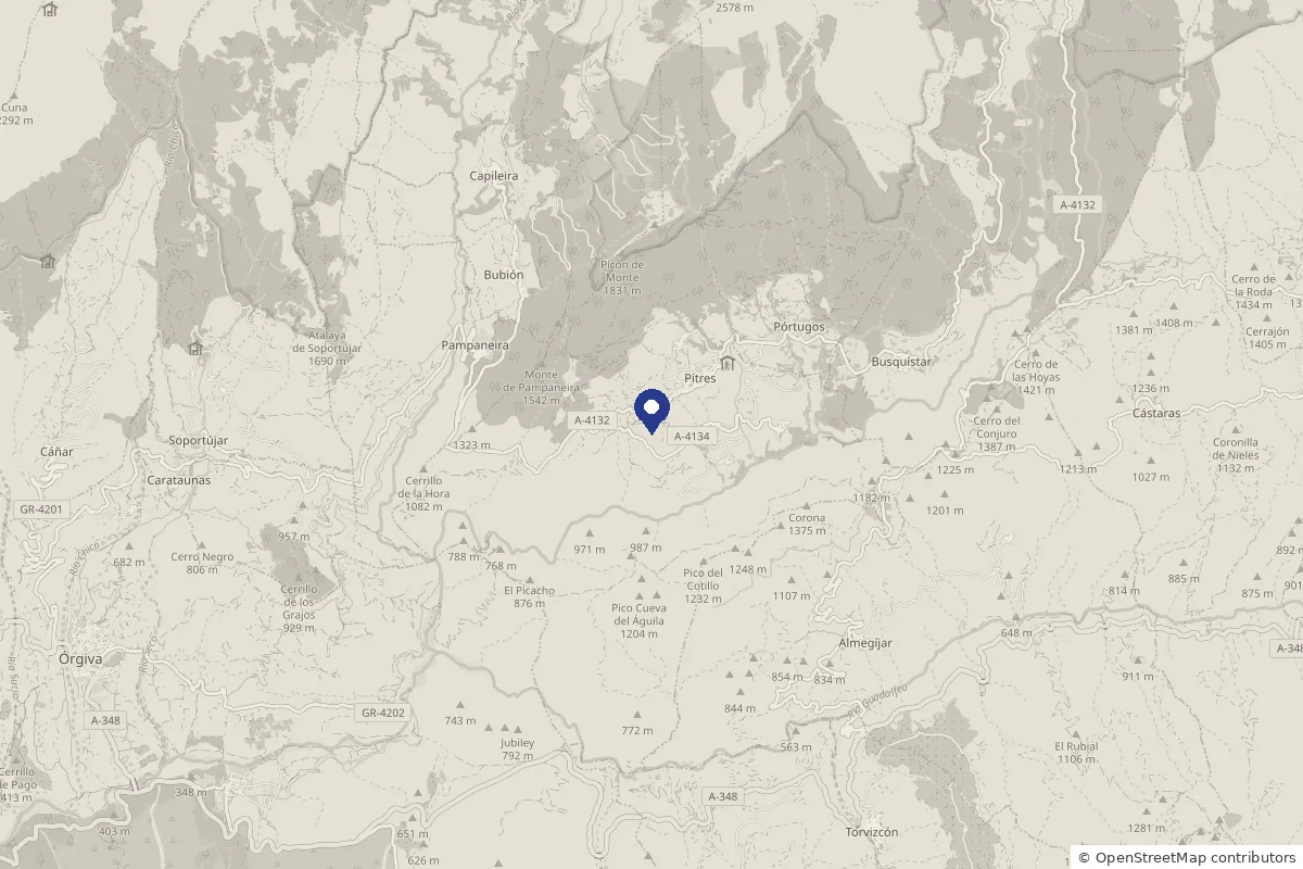 Mapa de la Alpujarra Alta con el cortijo marcado bajo Pitres, entre Pampaneira y Pórtugos.