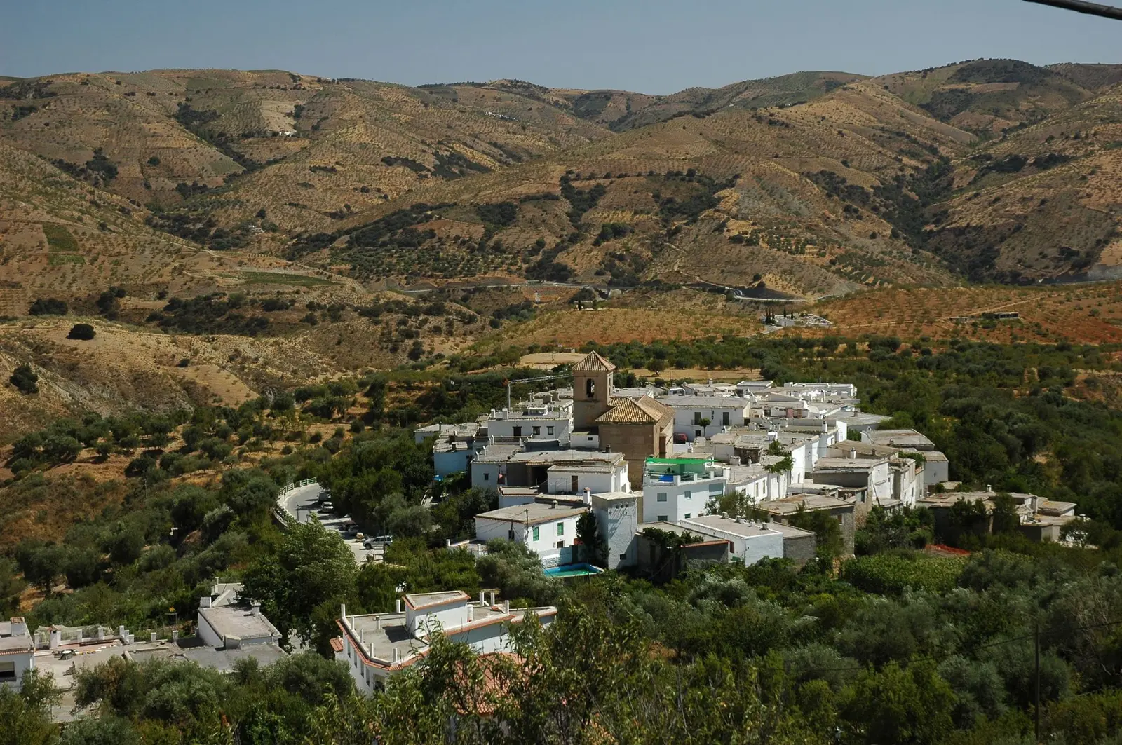 Bancales de la Alpujarra con casas blancas y la sierra al fondo.