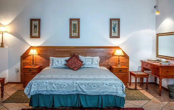 Habitación doble con cabecero de madera y suelo de barro cocido.