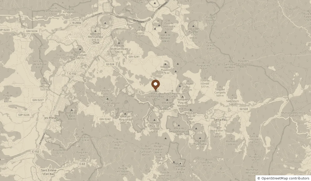 Mapa de la zona entre Olot y la Fageda d'en Jordà con la masía marcada.