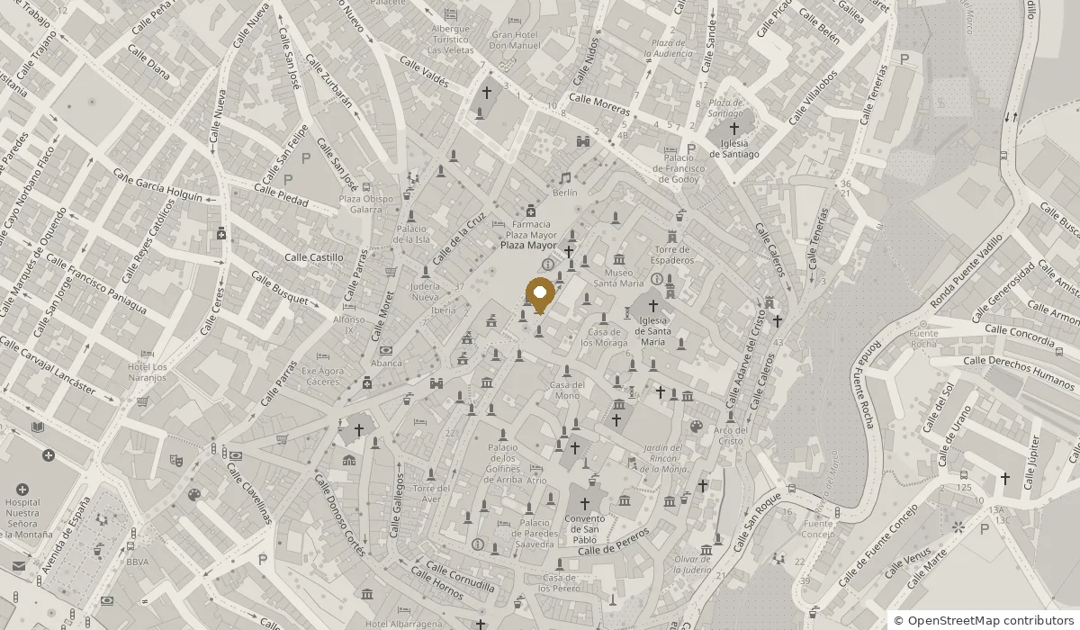 Mapa del casco antiguo de Cáceres con el punto de encuentro marcado en la Plaza Mayor, junto al Arco de la Estrella.
