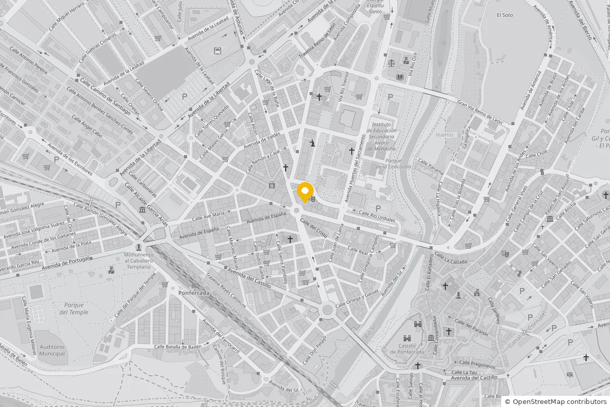 Mapa del centro de Ponferrada con la autoescuela marcada cerca de la avenida de España