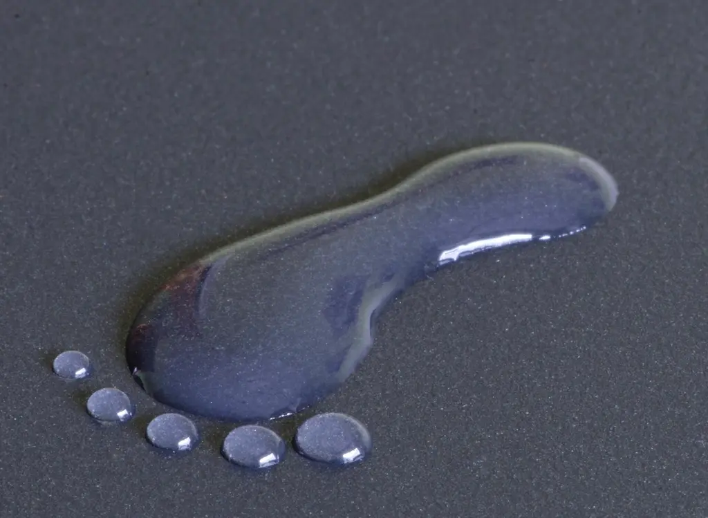 La huella mojada de un pie descalzo sobre una superficie gris.