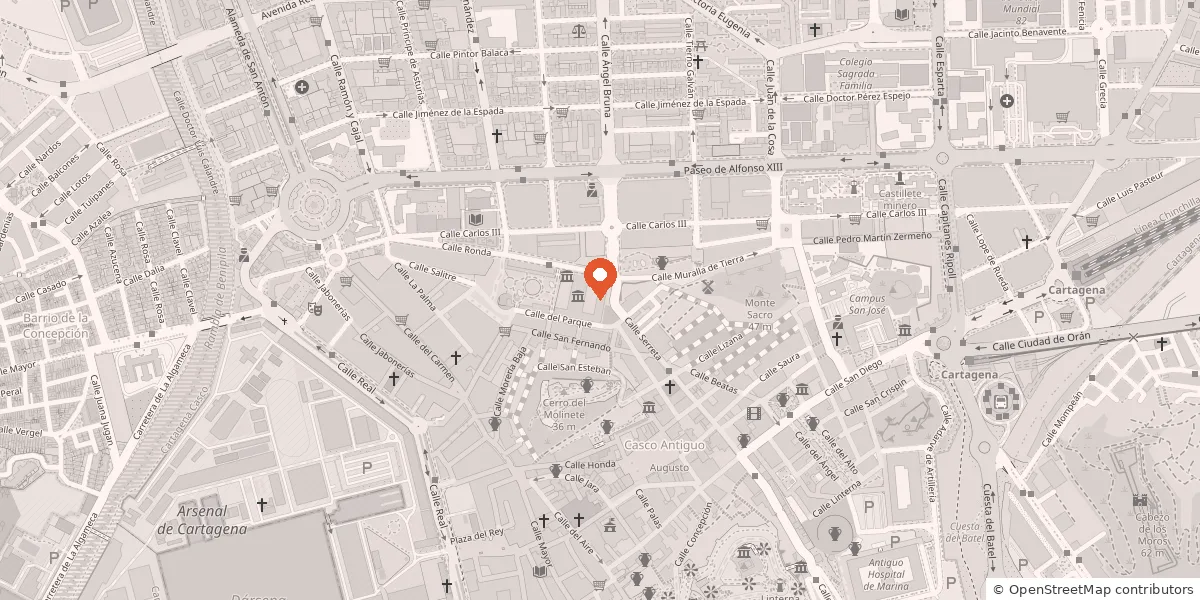Mapa del centro de Cartagena con la consulta marcada entre la calle Carlos III y la calle Serreta, cerca del Casco Antiguo.
