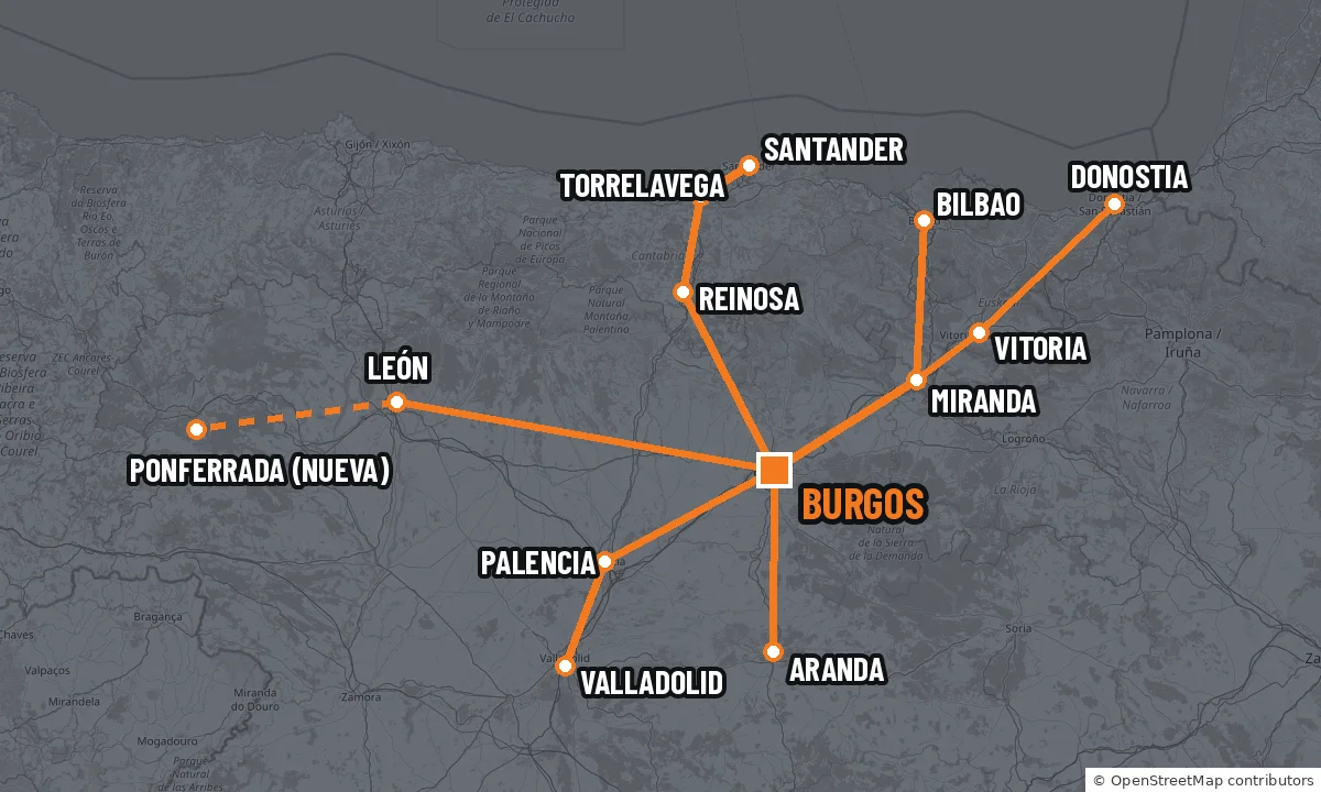 Mapa de las rutas regulares que salen de Burgos hacia Bilbao, Vitoria, Donostia, Santander, Torrelavega, Reinosa, Palencia, Valladolid, Aranda, León y, desde noviembre, Ponferrada.