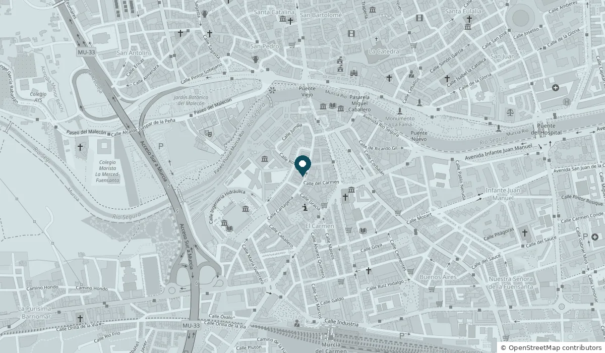 Mapa del barrio del Carmen, en Murcia, entre el Puente Viejo y la estación del Carmen, con la gestoría marcada junto a la calle del Carmen.