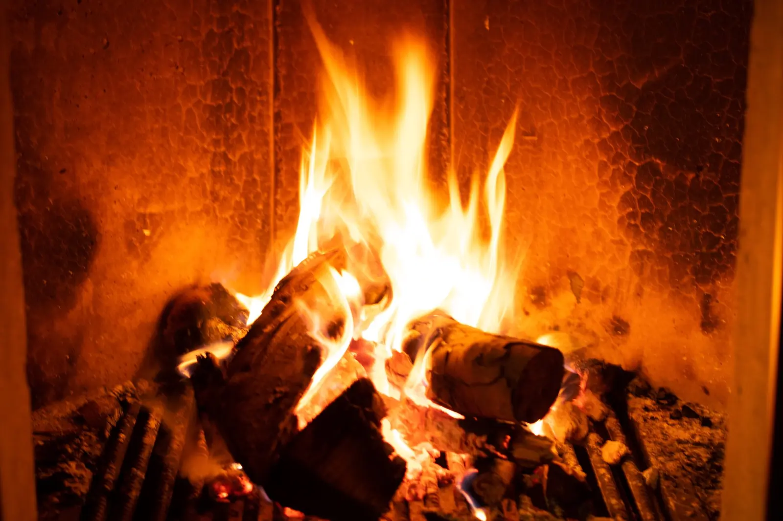 Leños ardiendo en una chimenea con el fuego vivo