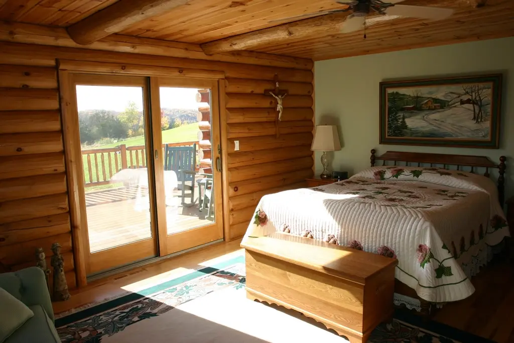 Dormitorio con paredes de troncos, cama con colcha blanca de flores y una puerta de cristal que da a la terraza