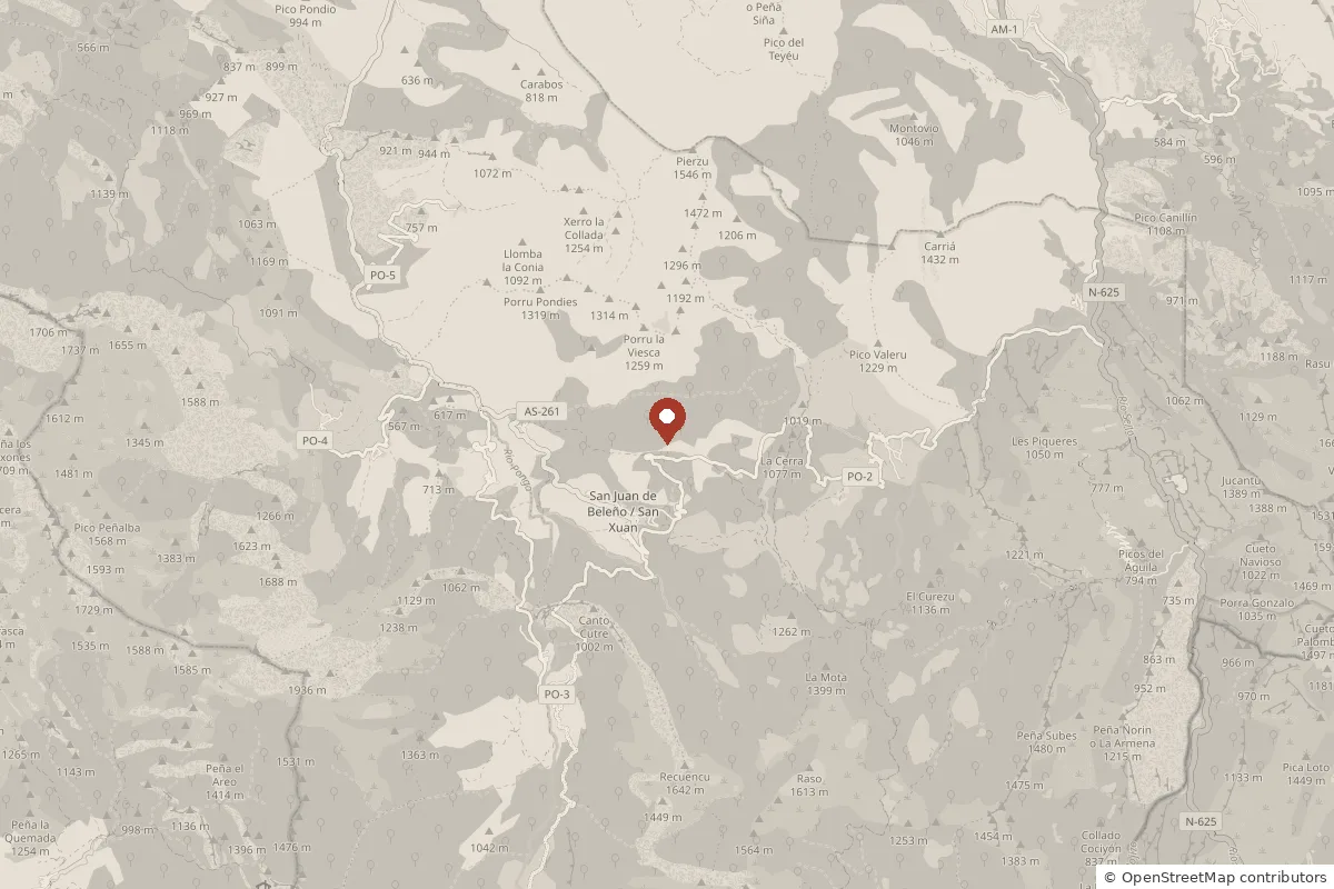 Mapa de la zona de San Juan de Beleño, en el concejo de Ponga, con la casa marcada en el centro