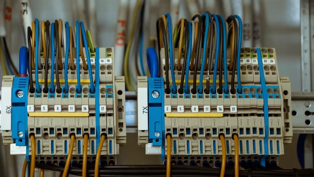Regletas de bornas con cables azules y marrones en un cuadro de control