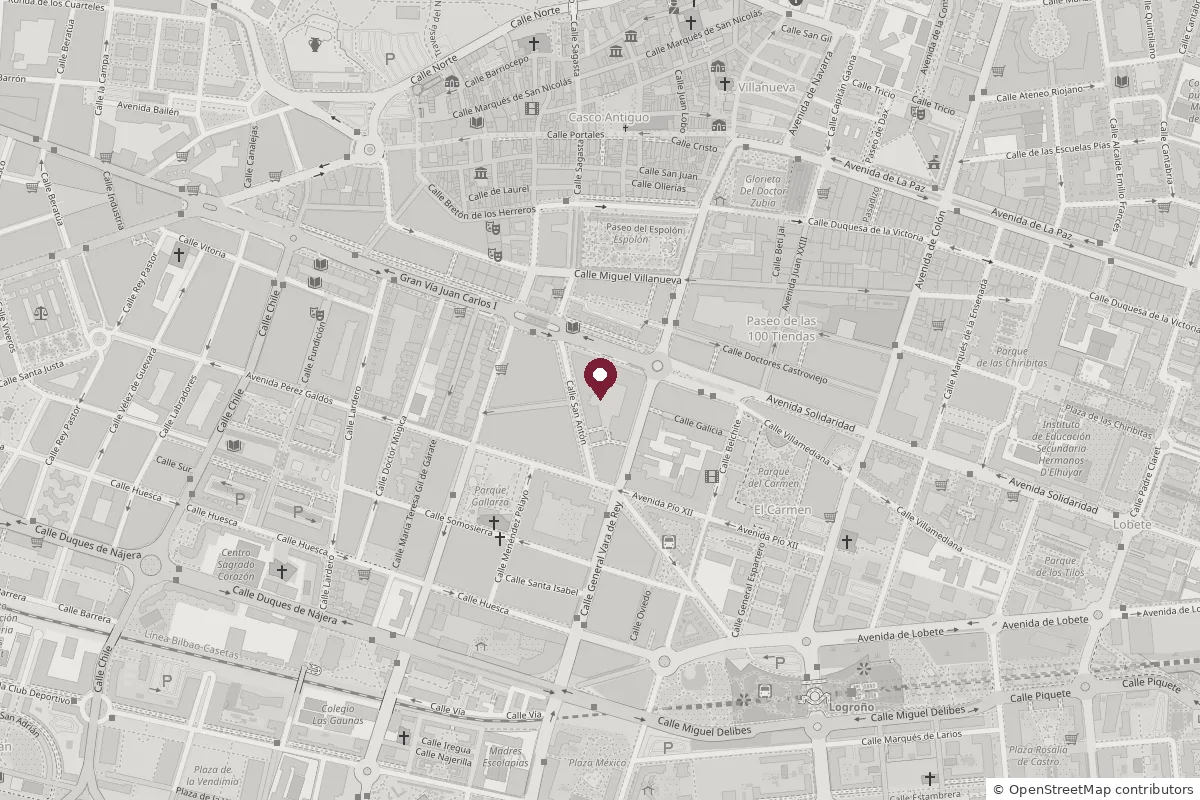 Mapa del centro de Logroño con el estudio marcado entre la Gran Vía y la avenida de Pío XII