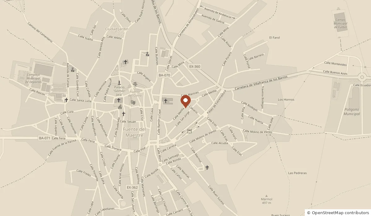 Mapa de Fuente del Maestre con la oficina marcada cerca del paseo, al este de la plaza