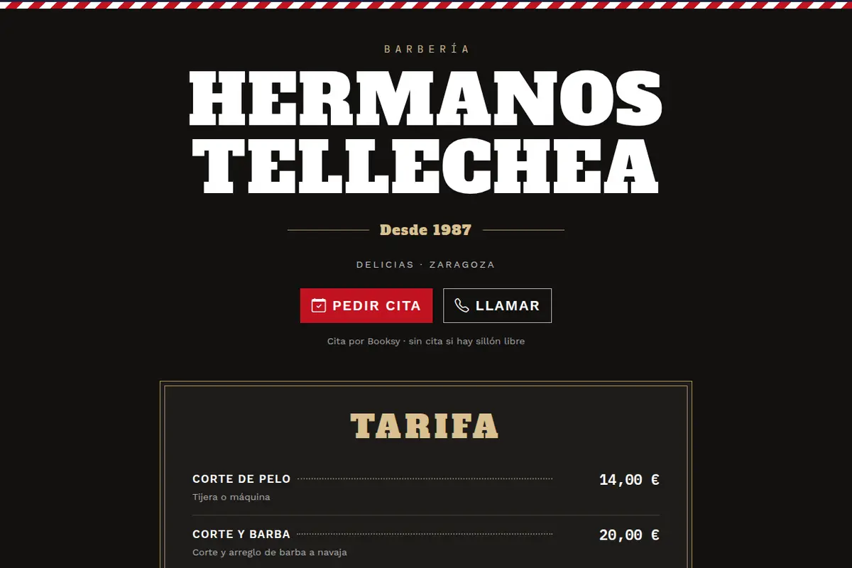 Portada de la web de ejemplo de Barbería Hermanos Tellechea
