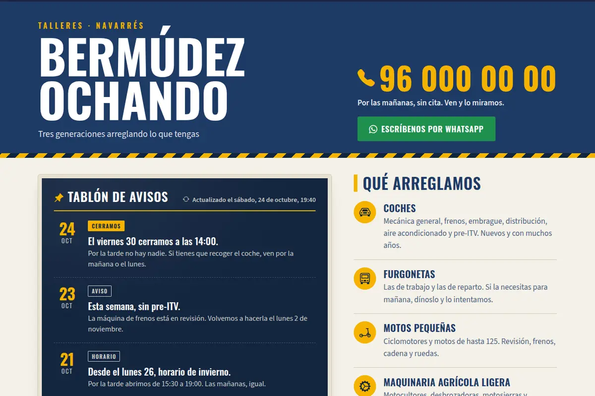 Portada de la web de ejemplo de Talleres Bermúdez Ochando