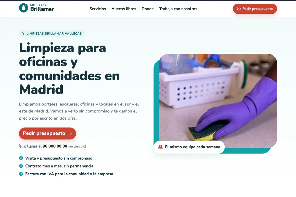 Portada de la web de ejemplo de Limpiezas Brillamar Vallecas
