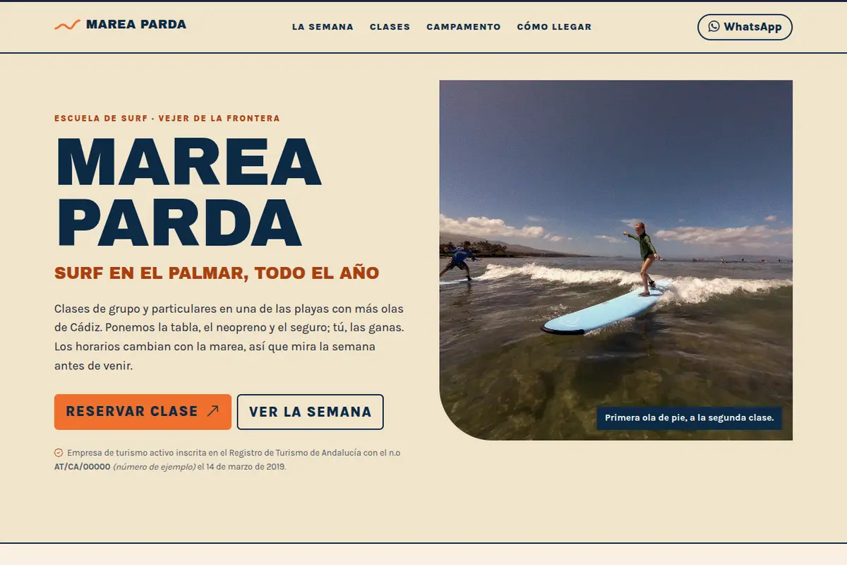 Portada de la web de ejemplo de Escuela de surf Marea Parda