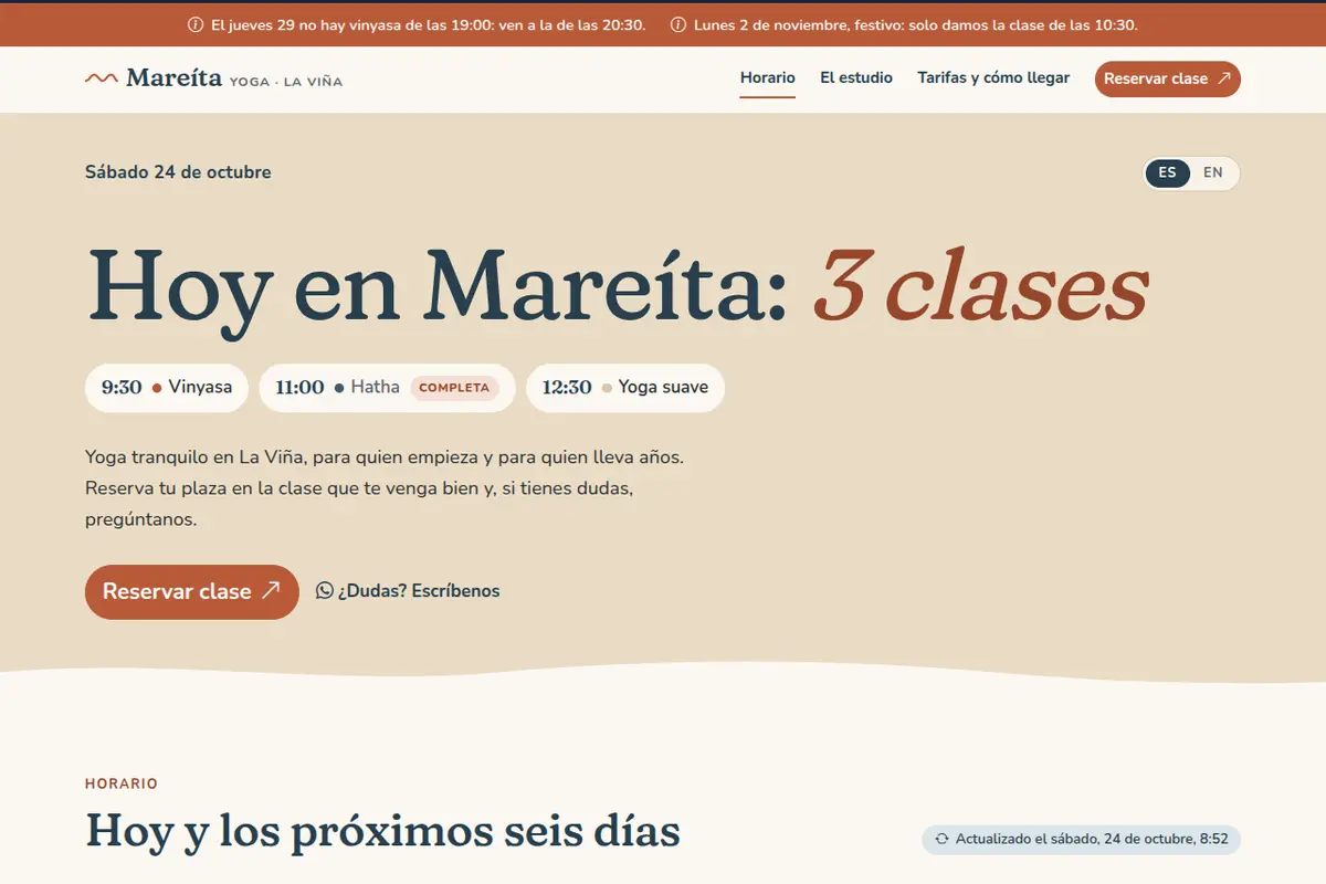 Portada de la web de ejemplo de Yoga Mareíta