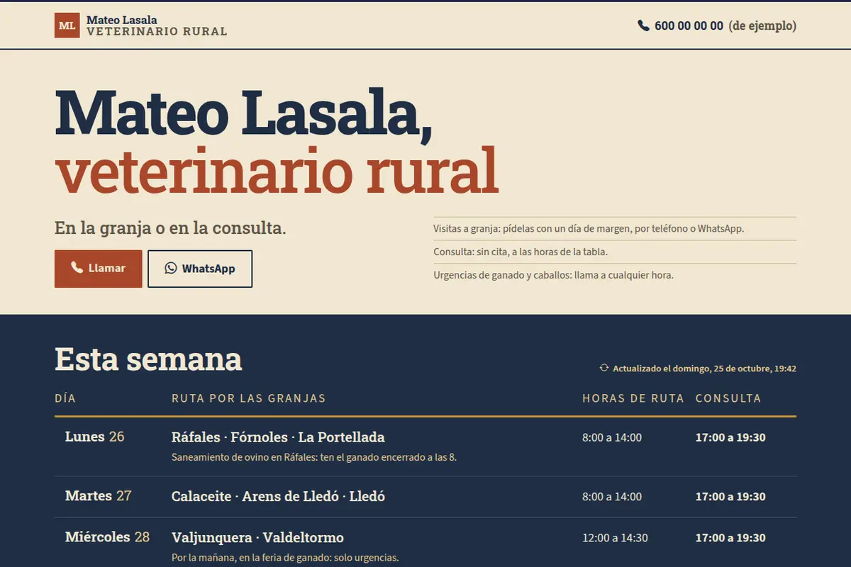 Portada de la web de ejemplo de Mateo Lasala, veterinario rural