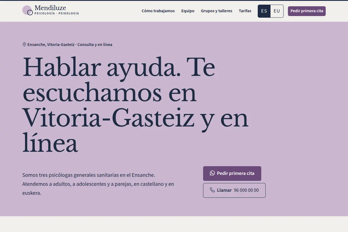 Portada de la web de ejemplo de Psicología Mendiluze