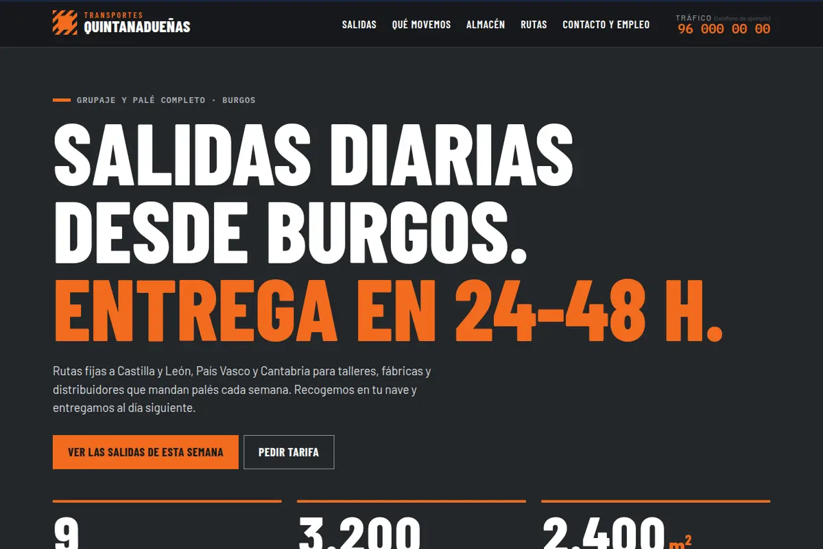 Portada de la web de ejemplo de Transportes Quintanadueñas