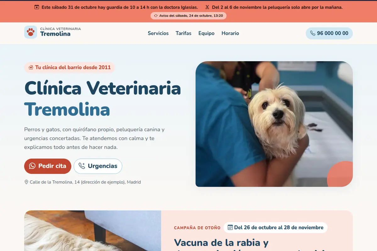 Portada de la web de ejemplo de Clínica Veterinaria Tremolina