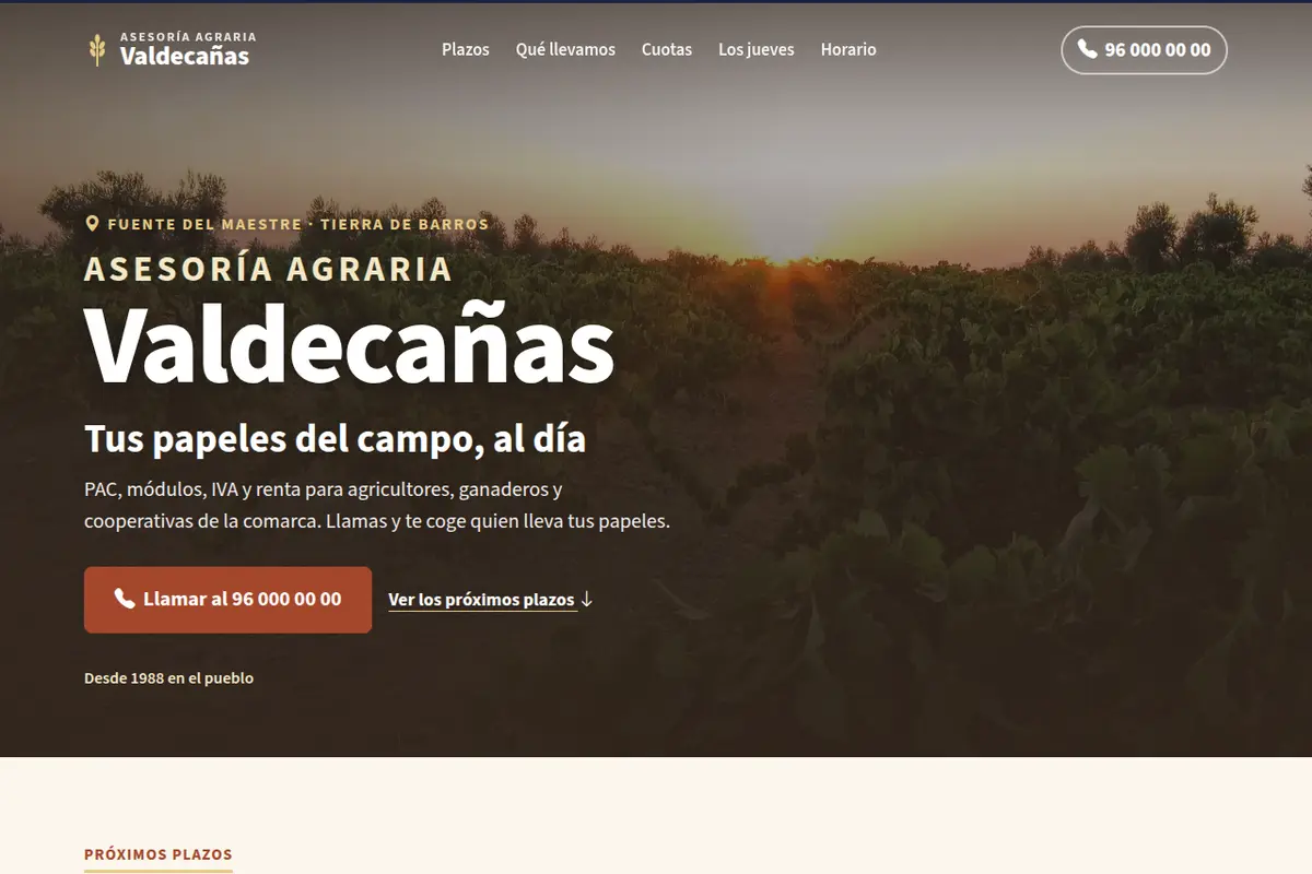 Portada de la web de ejemplo de Asesoría Agraria Valdecañas